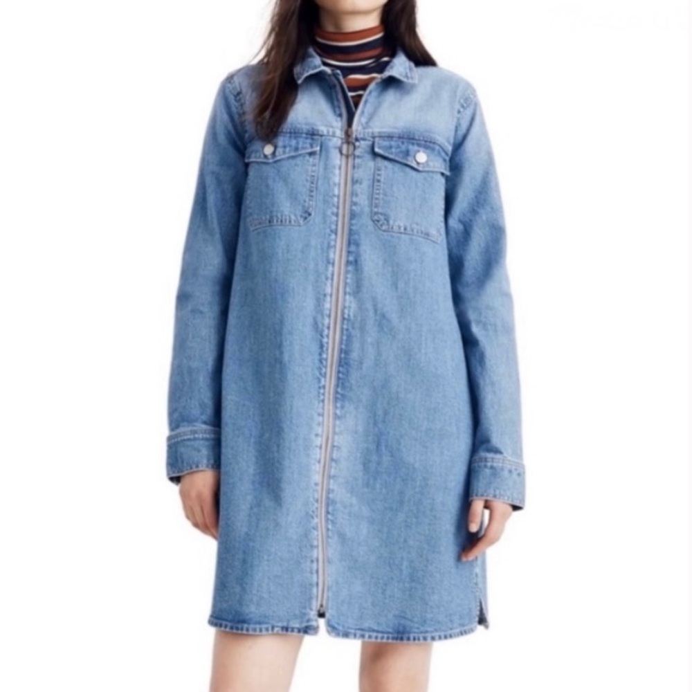 Madewell Denim Zipper O Ring Front Shirt Dress Shirtdress Mini Size Large Blue